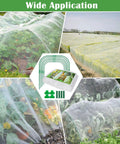 Collage of 67 Piece Garden Netting Kit 10x25 Ft Ultra Fine Pest Barrier Netting with 6 hoops and 12 clips on plants.