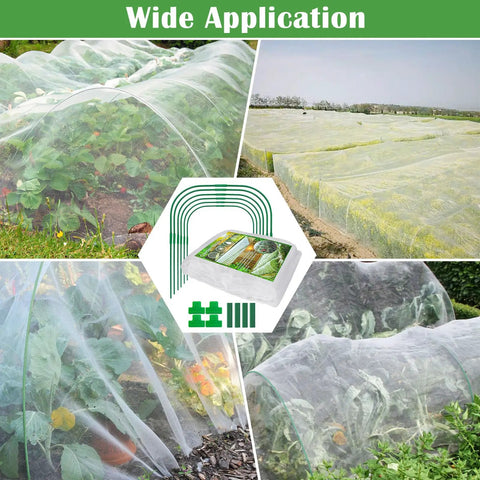 Collage of 67 Piece Garden Netting Kit 10x25 Ft Ultra Fine Pest Barrier Netting with 6 hoops and 12 clips on plants.