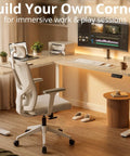 L Shaped Standing Desk With Electric Height Adjustment For Corner Setup Reversible Left Or Right 63 By 55 Inches Sit Stand Computer Table In Maple Finish setup with chair and dual monitors