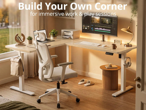 L Shaped Standing Desk With Electric Height Adjustment For Corner Setup Reversible Left Or Right 63 By 55 Inches Sit Stand Computer Table In Maple Finish setup with chair and dual monitors