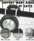 Close-up of 6 Inch Rolling Gate Wheel Carrier For Chain Link Fence Heavy Duty Gate Caster Kit with rubber wheels in use.