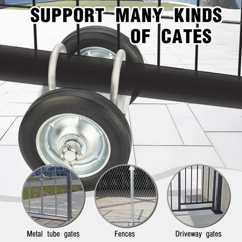 Close-up of 6 Inch Rolling Gate Wheel Carrier For Chain Link Fence Heavy Duty Gate Caster Kit with rubber wheels in use.