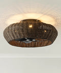 20" Boho Ceiling Fan with Light, Rattan Caged Ceiling Fan with Remote in woven rattan design illuminating ceiling.