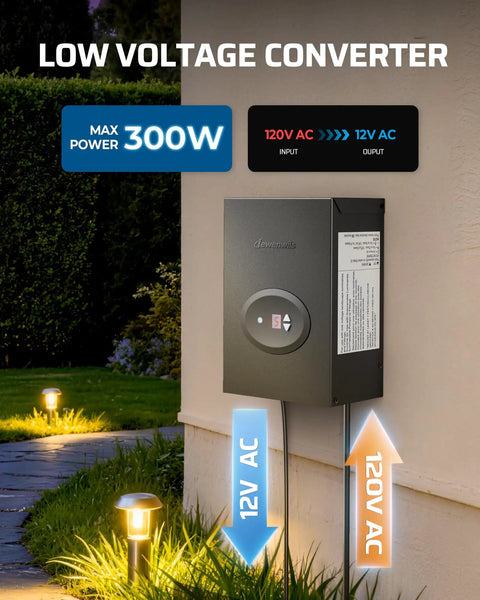 300W Digital Low Voltage Landscape Transformer With Timer And Dusk To Dawn Photocell Sensor mounted outdoors
