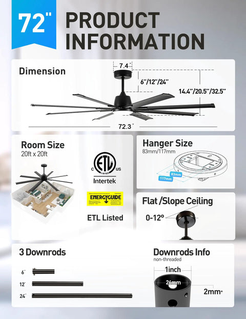Product information for 72 Inch Ceiling Fan With Light And DC Motor, Industrial Style Ceiling Fan With 8 Black Aluminum Blades, Smart Alexa Compatible, Indoor Outdoor Use For Patio Garage Living Room, Energy Efficient And Quiet, includes dimensions and installation details.