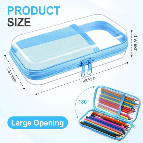 Top Shelf Four Pack Clear Hard Shell Zipper Cases In Vibrant Blue Durable Plastic Travel Pouches showing open case with colored pencils 7.48 x 3.94 x 1.97 in