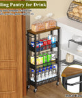 4 Tier Slim Rolling Storage Cart With Wood Top For Narrow Spaces Between Appliances in Small Kitchens, holding drinks and bread