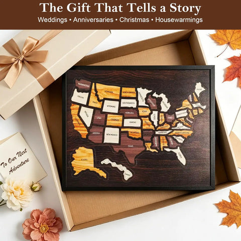 USA Travel Map Puzzle With 50 Removable State Pieces, Double Layer Engraved Wood Wall Art in gift box, 12x10 inch
