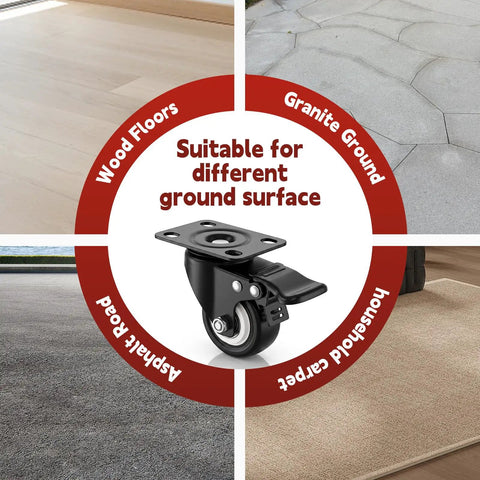 Heavy Duty Polyurethane Caster Wheels Set Of Four With Dual Lock Brakes Non Marking Black Rollers for various surfaces.