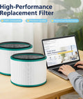Two Pack HP01 HP02 HEPA Filter For Hot Cool Link HP01 HP02 And Pure Cool Link Desk Fans DP01 DP02 Replacement Filter Comparable To 96812503 displayed with laptop