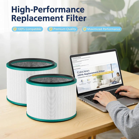 Two Pack HP01 HP02 HEPA Filter For Hot Cool Link HP01 HP02 And Pure Cool Link Desk Fans DP01 DP02 Replacement Filter Comparable To 96812503 displayed with laptop