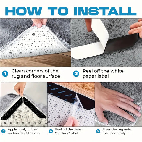 Step-by-step guide installing Four Piece Carpet Tape Set With Non Slip Rug Grippers And Washable Reusable Double Sided Anti Curl Corner Holdbacks For Rugs And Stairs