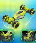 XUERENTECH 1:12 scale gesture-sensing RC stunt car, lime-green 4WD monster truck with LED lights, angled front view