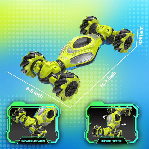 XUERENTECH 1:12 scale gesture-sensing RC stunt car, lime-green 4WD monster truck with LED lights, angled front view