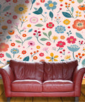Beige Vinyl Wallpaper Roll Thick Textured Design Peel And Stick Removable Wallcovering For Home Decor with floral pattern behind a red sofa.