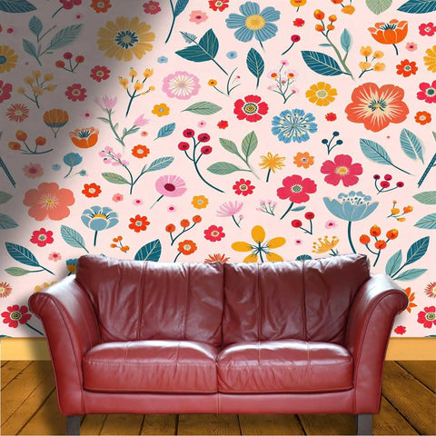 Beige Vinyl Wallpaper Roll Thick Textured Design Peel And Stick Removable Wallcovering For Home Decor with floral pattern behind a red sofa.