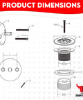 Diagram showing dimensions of Trip Lever Tub Drain Kit With Strainer And 2 Hole Overflow Faceplate No Putty Install Matching Screws