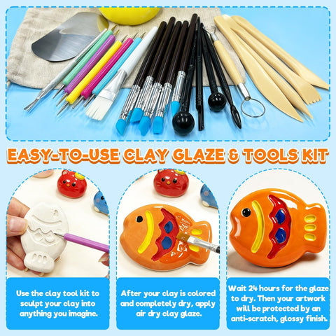 Air Dry Clay Glaze And 25 Piece Tool Kit With Gloss Varnish Protectant, pottery tools for clay crafts with gloss finish