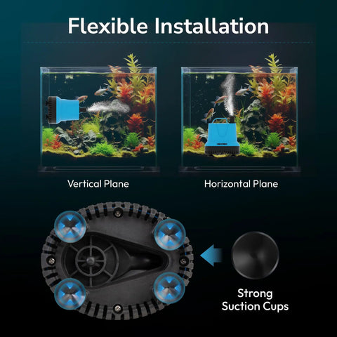 580 GPH Submersible Water Fountain Pump With 9 Ft Lift 60W shown in vertical and horizontal positions inside aquariums