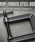 Beefy Heavy Duty Deep Reach C Clamp For Welding And Woodworking Extra Deep Throat Reach Four Point Three Inch And Two Point Eight Inch Jaw Opening Forged Steel G Clamp With Trapezoidal Thread And Swivel Pad For DIY Craft Projects, drop-forged steel body