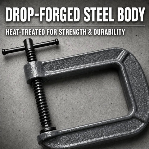 Beefy Heavy Duty Deep Reach C Clamp For Welding And Woodworking Extra Deep Throat Reach Four Point Three Inch And Two Point Eight Inch Jaw Opening Forged Steel G Clamp With Trapezoidal Thread And Swivel Pad For DIY Craft Projects, drop-forged steel body