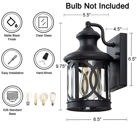 Two Pack Outdoor Wall Lights For Porch And Exterior Use Matte Black Sconces With Clear Glass Shade Waterproof Weather Resistant Exterior Light Fixtures For House Garage Patio Front Door Balcony, showing dimensions and features.