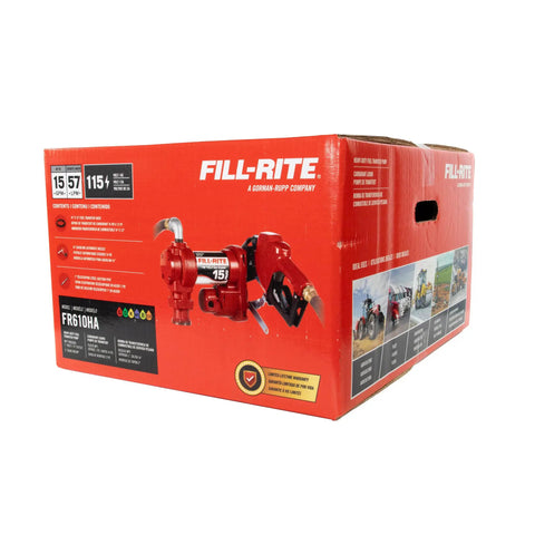 Heavy Duty Cast Iron Fuel Transfer Pump With Automatic Nozzle And Discharge Hose, 15 Gallons Per Minute 115 Volt Motor in packaging.