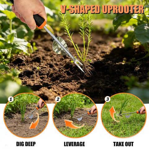 Close-up of All In One 5 Pack Weed Puller Tool Set With Stainless Steel V Shaped Digger in use, digging and removing weeds.