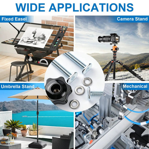Collage showing uses of 30 Piece T Slot Bolt Kit With Hex Type Bolts And Rubber Head Nuts For T Track Hardware Set Clamp Fixtures
