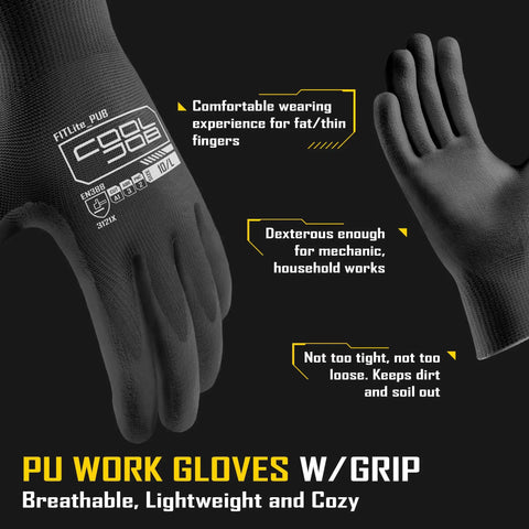 12 By 60 Pair Pack Safety Work Gloves With Grip PU Coating, 13 Gauge Seamless Knit, Black Large, shown with comfort features