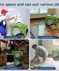 Negative air machines in use for painting, flood damage, fire damage, and house renovation with HEPA and carbon filters shown.