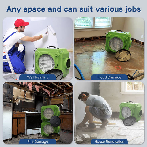 Negative air machines in use for painting, flood damage, fire damage, and house renovation with HEPA and carbon filters shown.