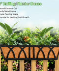 Three Pack 24 Inch Deck Railing Planter With Coconut Coir Liner shown attached to a wooden railing, filled with greenery and flowers.