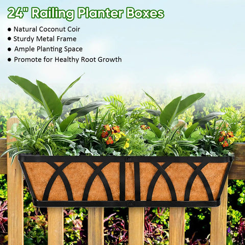 Three Pack 24 Inch Deck Railing Planter With Coconut Coir Liner shown attached to a wooden railing, filled with greenery and flowers.