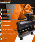Quiet Airbrush Compressor With 3L Metal Tank, Oil Free, Pro Grade One Sixth HP 110V Motor shown with attachments and features