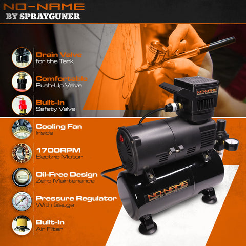 Quiet Airbrush Compressor With 3L Metal Tank, Oil Free, Pro Grade One Sixth HP 110V Motor shown with attachments and features