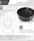 Diagram and image of Dope Matte Black Round Vessel Sink 16 Inch Porcelain Over The Counter Bathroom Basin With Enamel Glaze Finish.