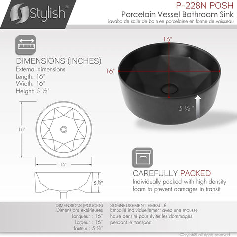 Diagram and image of Dope Matte Black Round Vessel Sink 16 Inch Porcelain Over The Counter Bathroom Basin With Enamel Glaze Finish.