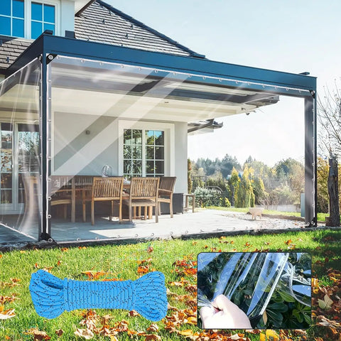 Built Tough 3 By 6 Foot Heavy Duty Clear Vinyl Tarp With Reinforced Grommets 14 Mil Waterproof PVC Shield on a patio enclosure.