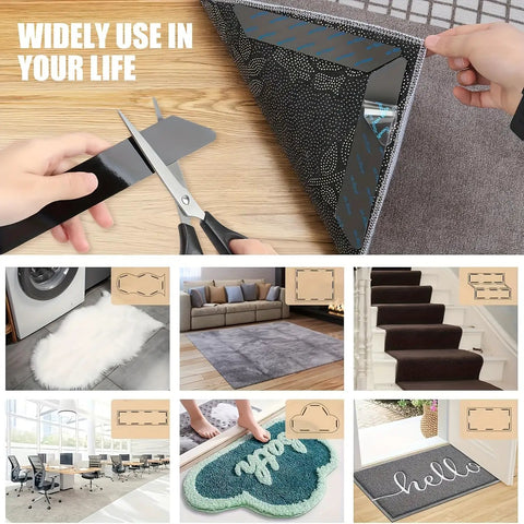 Four Piece Carpet Tape Set With Non Slip Rug Grippers used on rugs, stairs, and floors in various home and office settings.