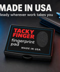 Top Shelf Premium Inkless Fingerprint Tacky Sheets For Notary And Legal Forms Black 4 Pack on black desk with pen.