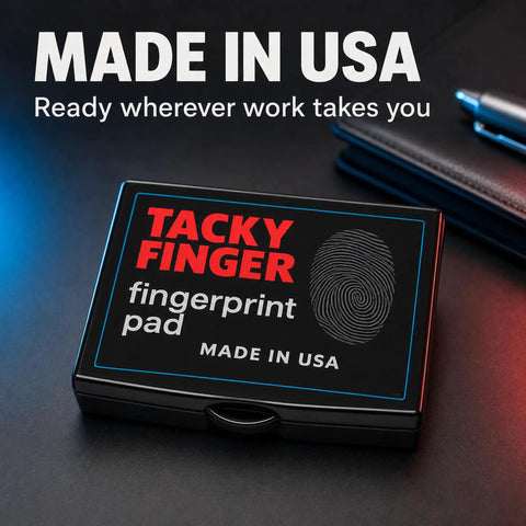 Top Shelf Premium Inkless Fingerprint Tacky Sheets For Notary And Legal Forms Black 4 Pack on black desk with pen.