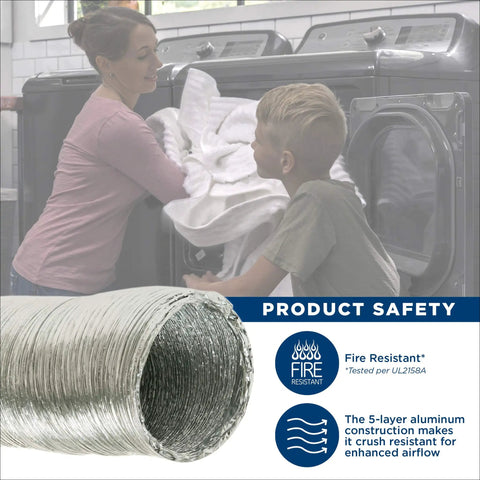 Parent and child with laundry near dryer, Premium 5 Layer Aluminum Dryer Duct 4 Inch 8 Foot Fire Resistant and Crush Resistant