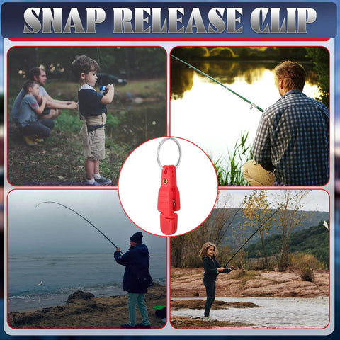Close-up of red heavy-tension snap-release clip with key ring for fishing gear