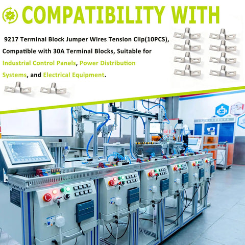 Industrial control panel showing compatibility with Terminal Block Jumper Wires Tension Clip Kit, 10 Pack, 30A Compatible.