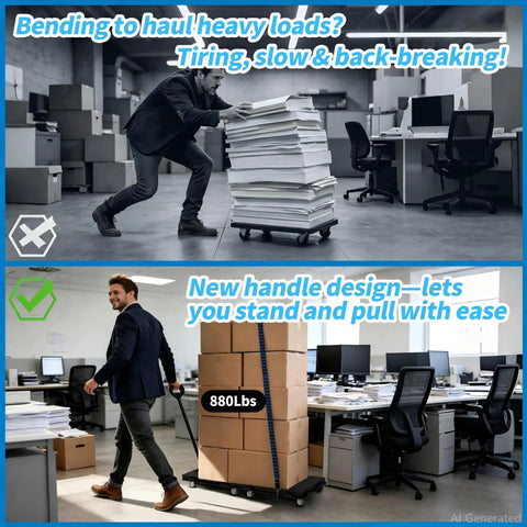 Heavy Duty Furniture Dolly With Removable Pull Handle Move It Easy Back Saver in office with man moving 880 lbs boxes