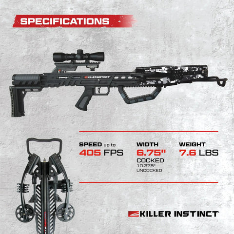 Side view of Beast Mode Crossbow Kit with 405 FPS power and 195 lb draw weight, featuring X Cam system and Lumix scope.