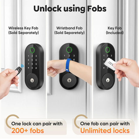 Fingerprint Smart Deadbolt with Keypad and App Control for Keyless Entry Security Lock for Home Apartment Rental featuring fobs to unlock.