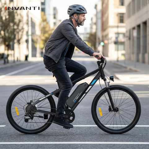 Adult Electric Mountain Bike With 26 Inch Tires And 750W Peak Motor in urban setting, featuring black aluminum frame and strong tires.