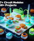 Hands On STEM Circuit Kit For Kids With 168 Projects And 37 Circuit Parts Electronics Building Blocks on a board with LEDs
